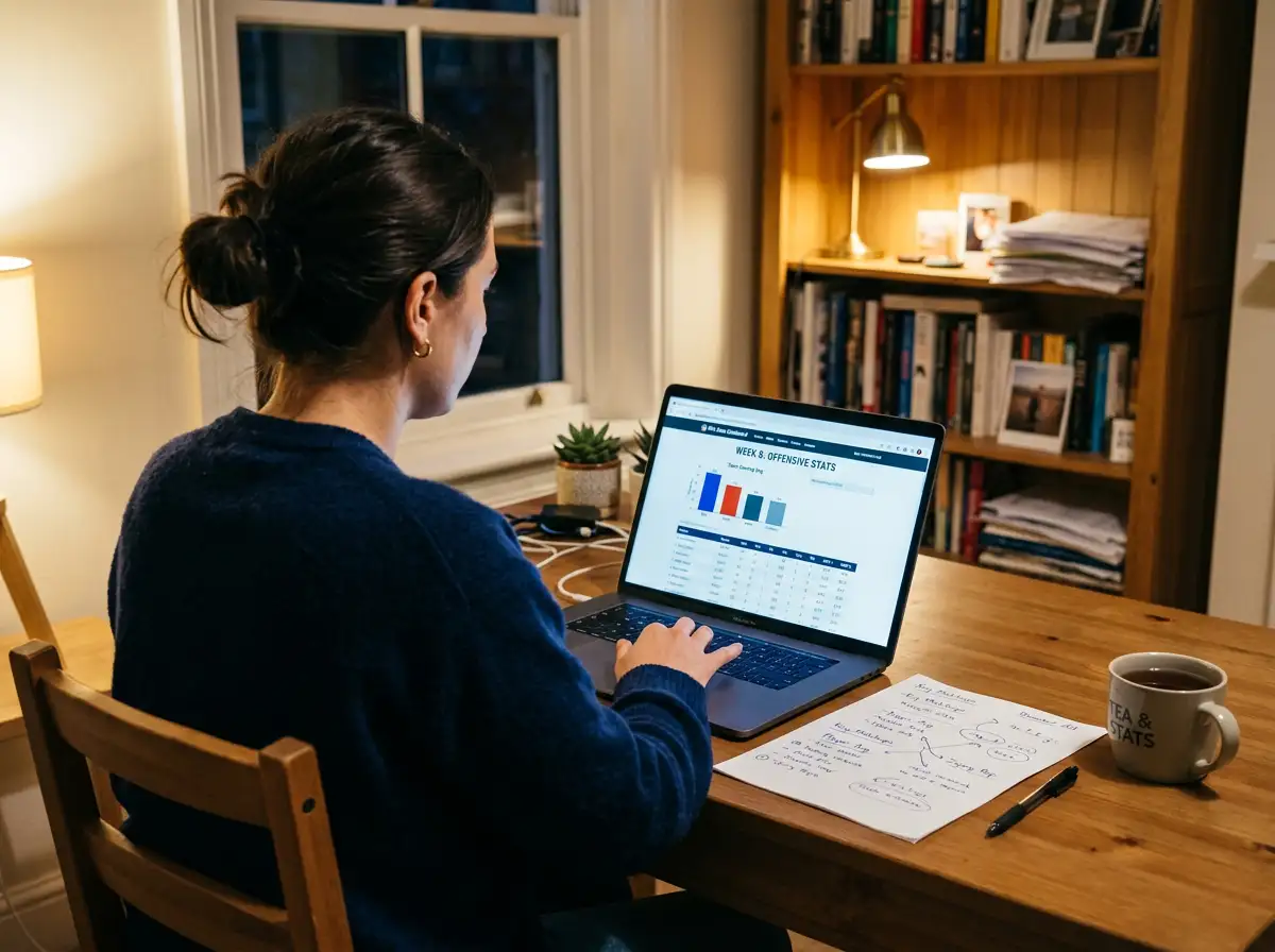 Sports analyst reviewing NFL player statistics and matchup data on a laptop screen