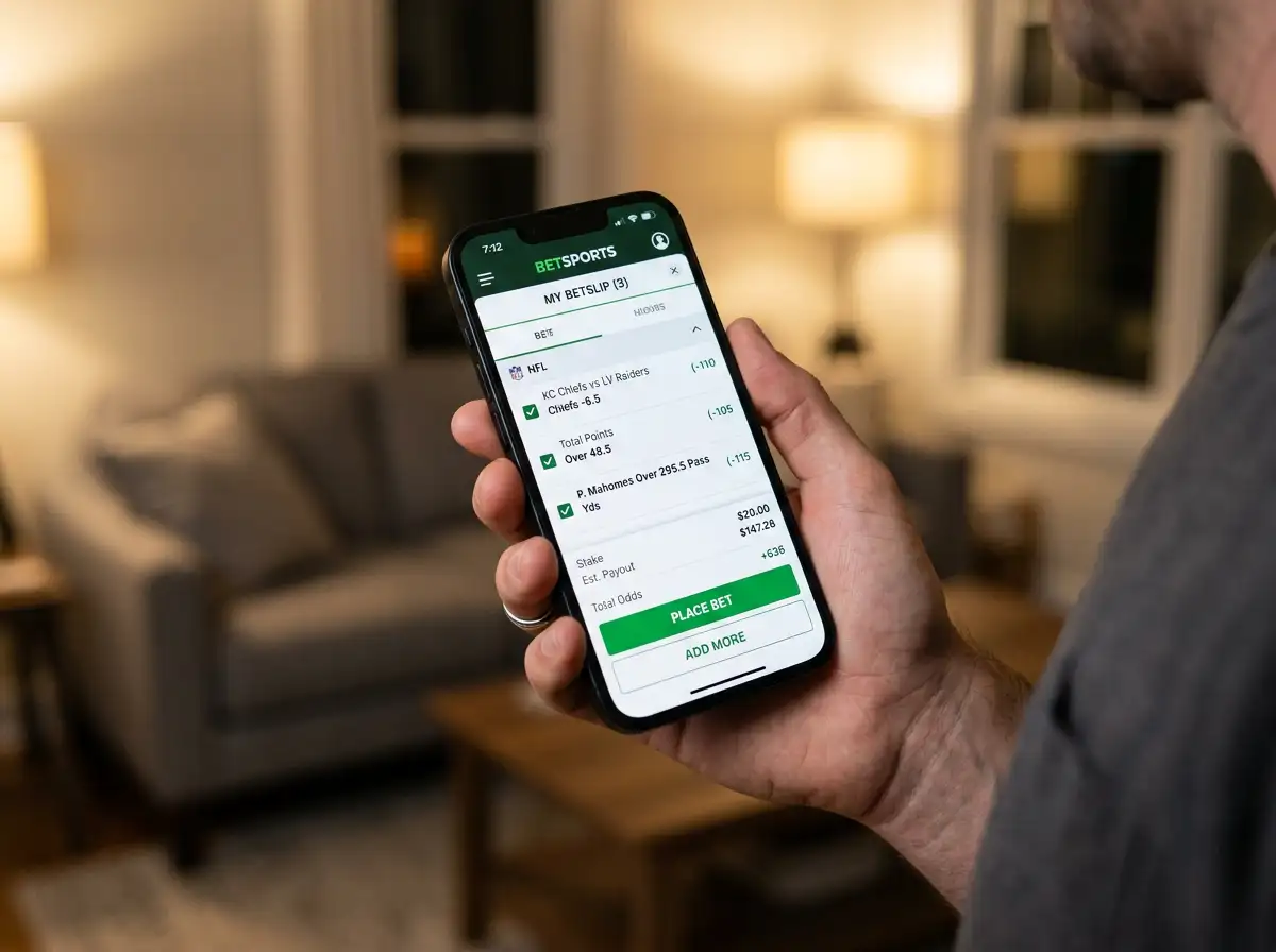 Mobile phone showing an NFL bet builder interface with multiple prop bet legs combined
