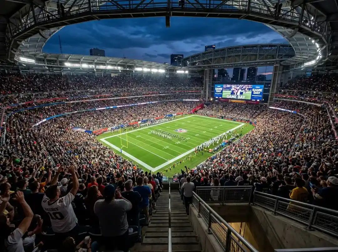 Wide-angle view of an NFL stadium packed with fans before kickoff under floodlights