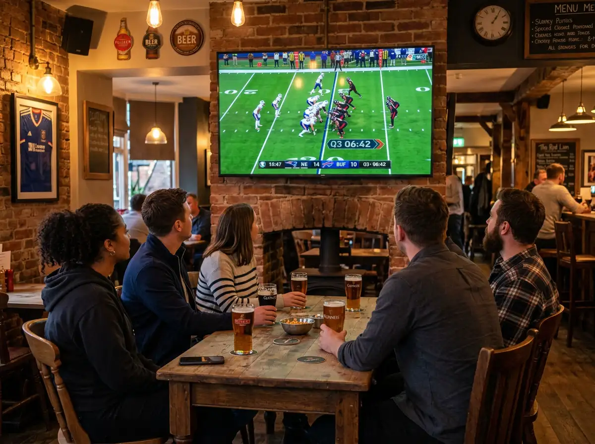 Football fans watching an NFL game on screen in a UK sports bar during evening kickoff